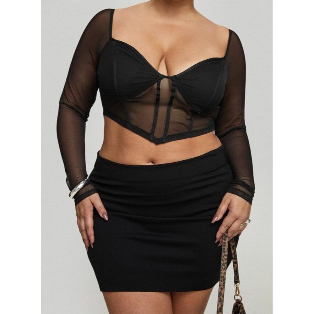 Princess Polly Curve Top 14 Black Sheer Mesh Corset Crop Blouse Y2K Glam Party